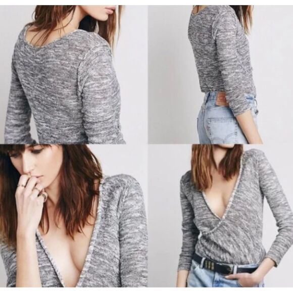 Free People Gotham Faux Wrap Top Sweater S Deep V Neck Knit Pullover Slouchy - Picture 2 of 11